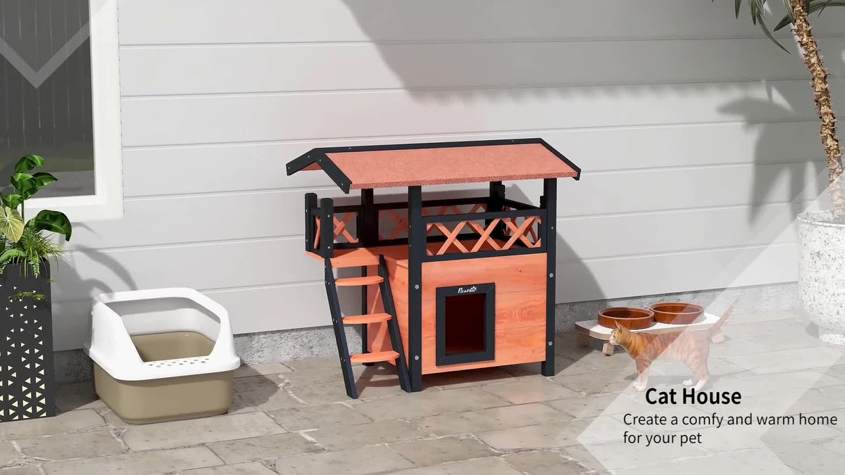 Pawhut Outdoor Cat House W/ Balcony Stairs Roof, Brown