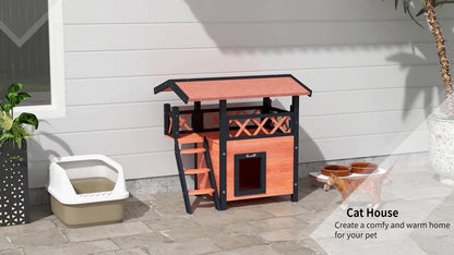 Pawhut Outdoor Cat House W/ Balcony Stairs Roof, Brown