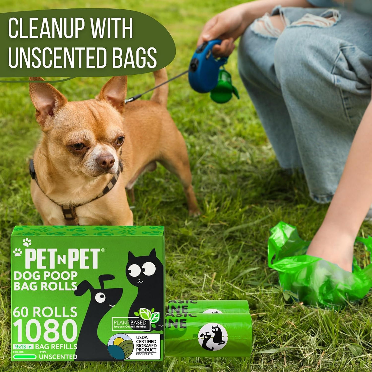 Dog Poop Bag, Leak Proof and Extra Thick, Unscented, Green