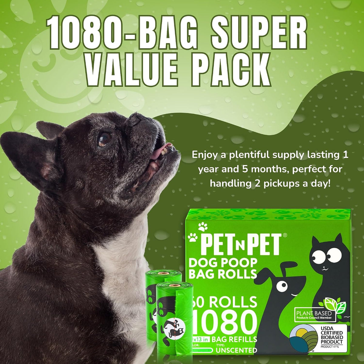 Dog Poop Bag, Leak Proof and Extra Thick, Unscented, Green