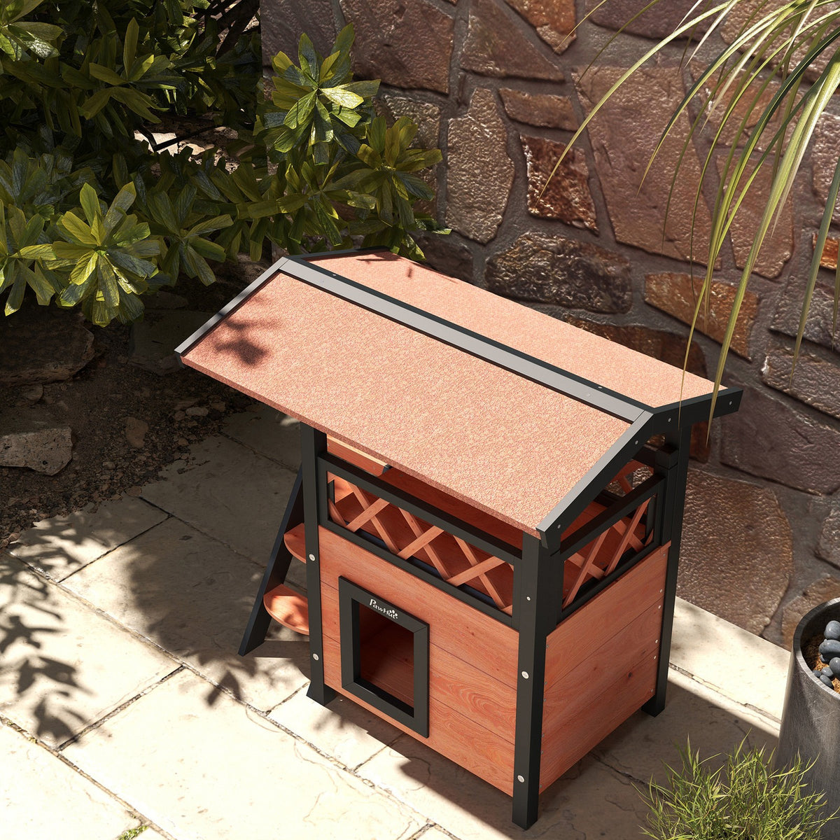 Pawhut Outdoor Cat House W/ Balcony Stairs Roof, Brown