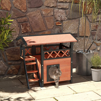 Pawhut Outdoor Cat House W/ Balcony Stairs Roof, Brown