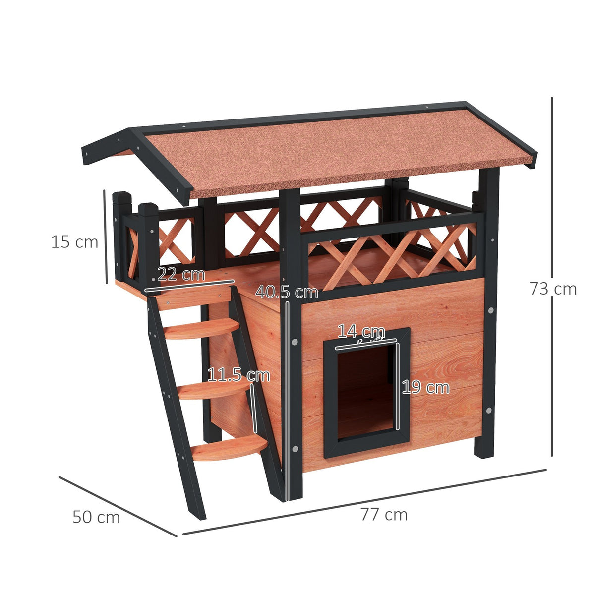 Pawhut Outdoor Cat House W/ Balcony Stairs Roof, Brown