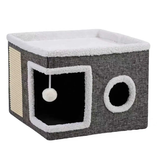Premium Indoor Cat Bed - Spacious Foldable Cat Cave with Sisal Scratch Pad and Plush Hanging Toy for Kittens and Adult Cats, 16.5" x 16.5" x 14", Grey