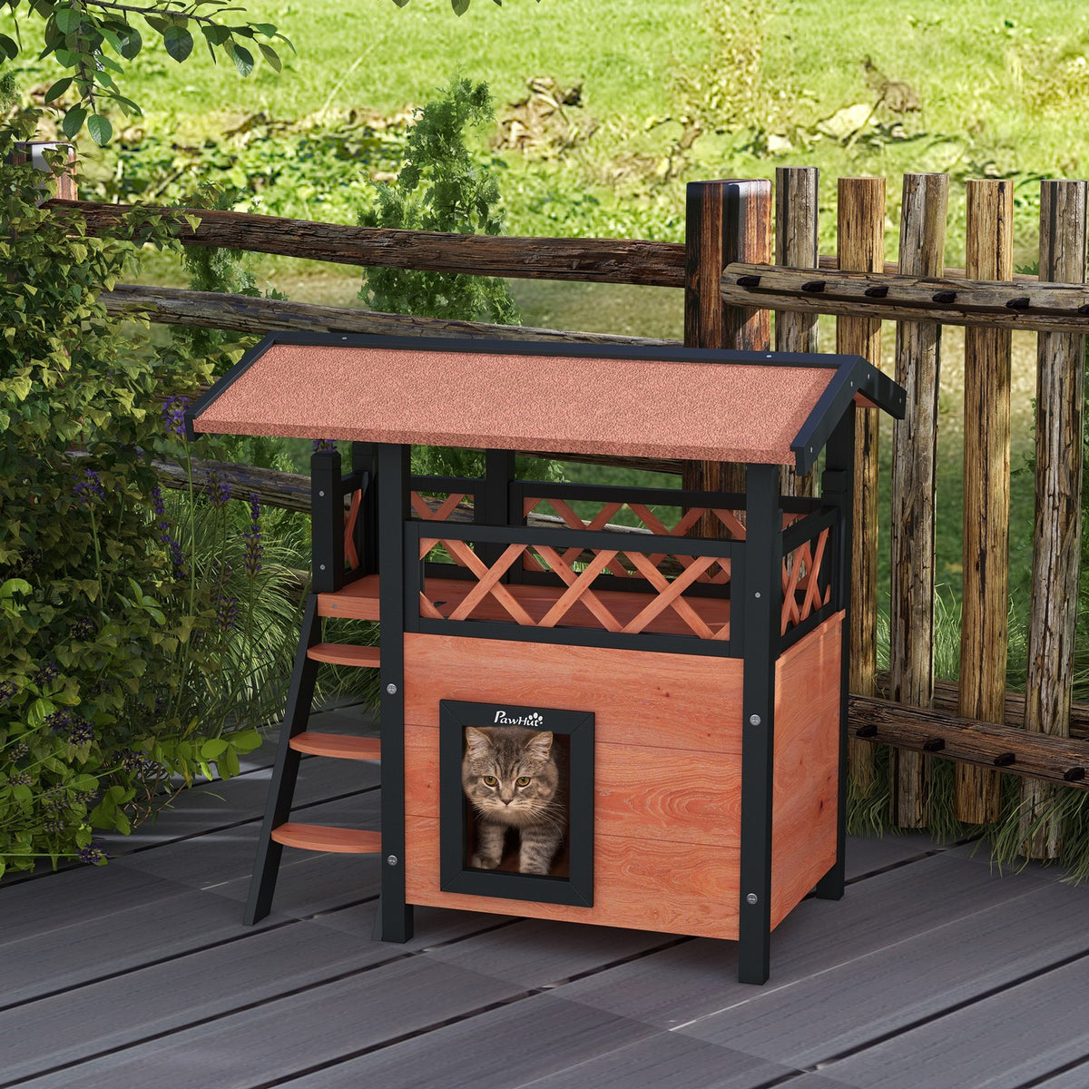 Pawhut Outdoor Cat House W/ Balcony Stairs Roof, Brown
