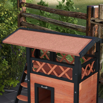 Pawhut Outdoor Cat House W/ Balcony Stairs Roof, Brown