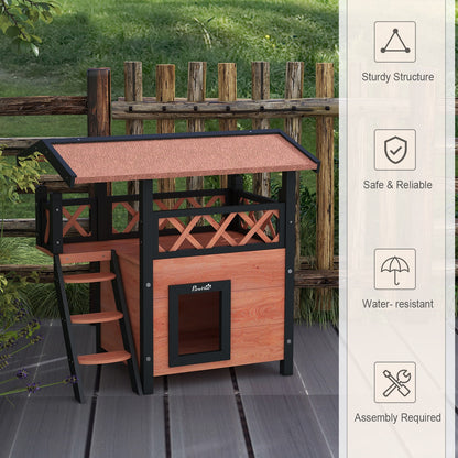 Pawhut Outdoor Cat House W/ Balcony Stairs Roof, Brown