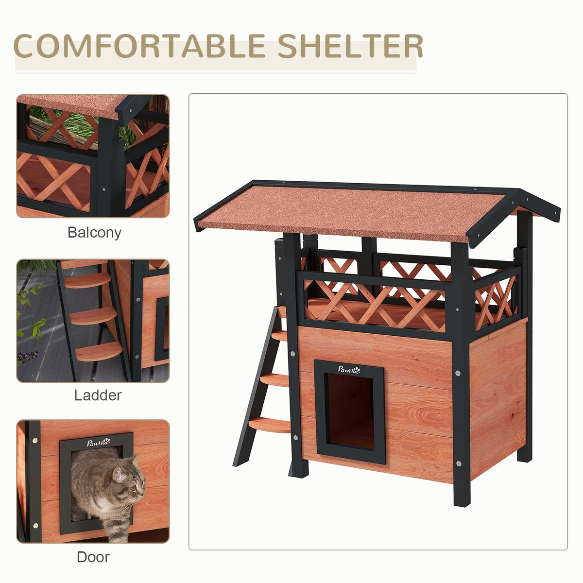 Pawhut Outdoor Cat House W/ Balcony Stairs Roof, Brown