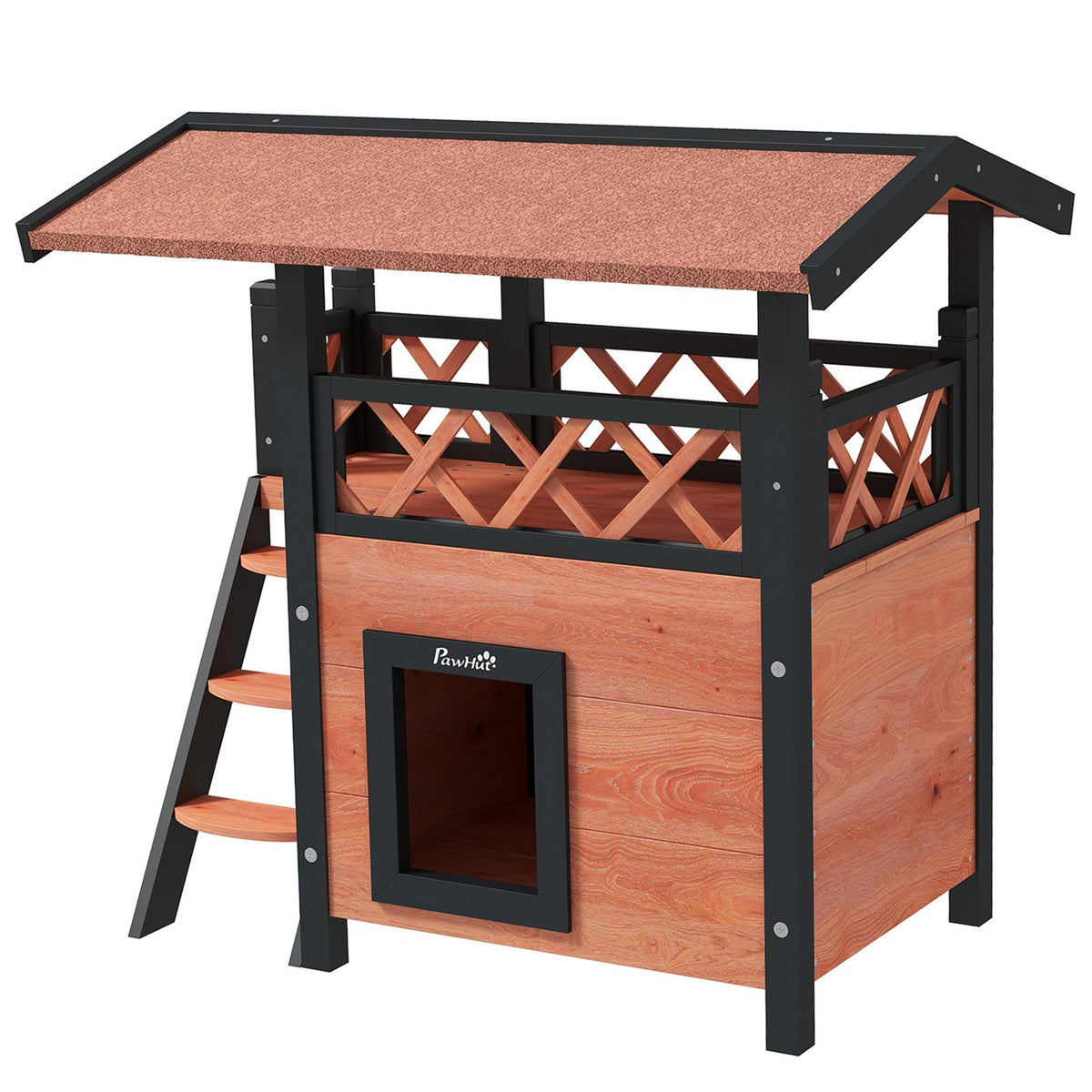 Pawhut Outdoor Cat House W/ Balcony Stairs Roof, Brown