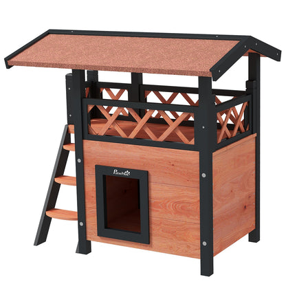 Pawhut Outdoor Cat House W/ Balcony Stairs Roof, Brown