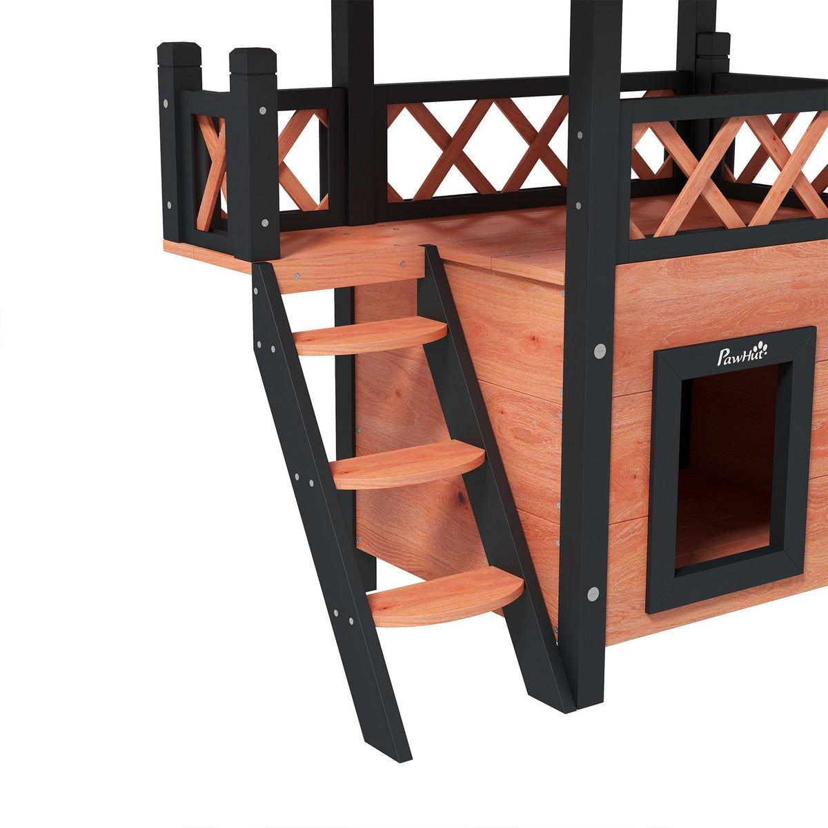 Pawhut Outdoor Cat House W/ Balcony Stairs Roof, Brown