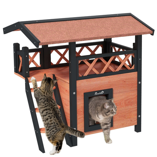 Pawhut Outdoor Cat House W/ Balcony Stairs Roof, Brown