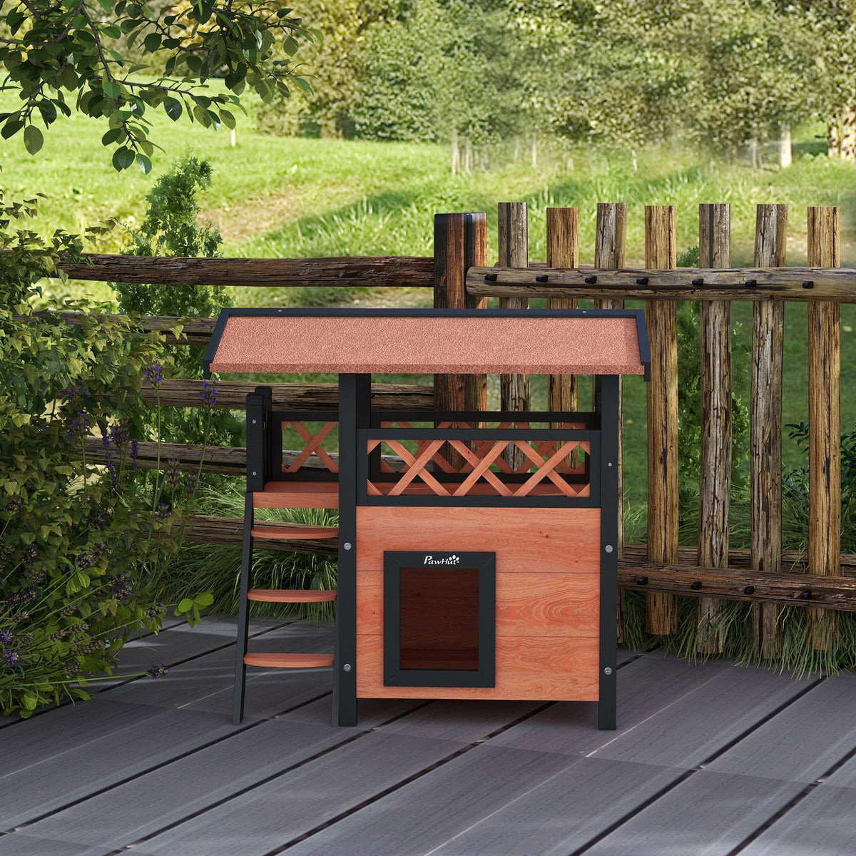 Pawhut Outdoor Cat House W/ Balcony Stairs Roof, Brown