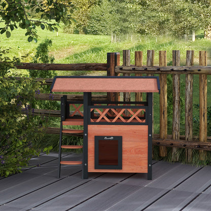 Pawhut Outdoor Cat House W/ Balcony Stairs Roof, Brown